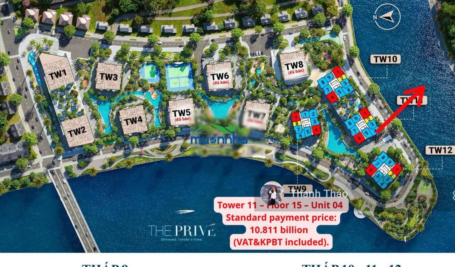 Tháp 10-11 the privé giá 9.3 tỷ diện tích 80,6m² tầng cao - view 3 mặt sông - tt chỉ 6,8% ký hđmb