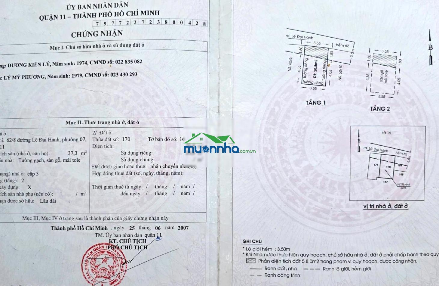 Bán nhà quận 11 hẻm 62 lê đại hành giá 3.3 tỷ - 2