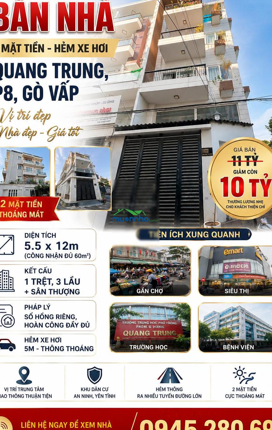 Cần bán gấp 2mt hxh quang trung p8 5.5x12m~67m2, 4 tầng st, vị trí cực đẹp, giảm còn 10 tỷ tl