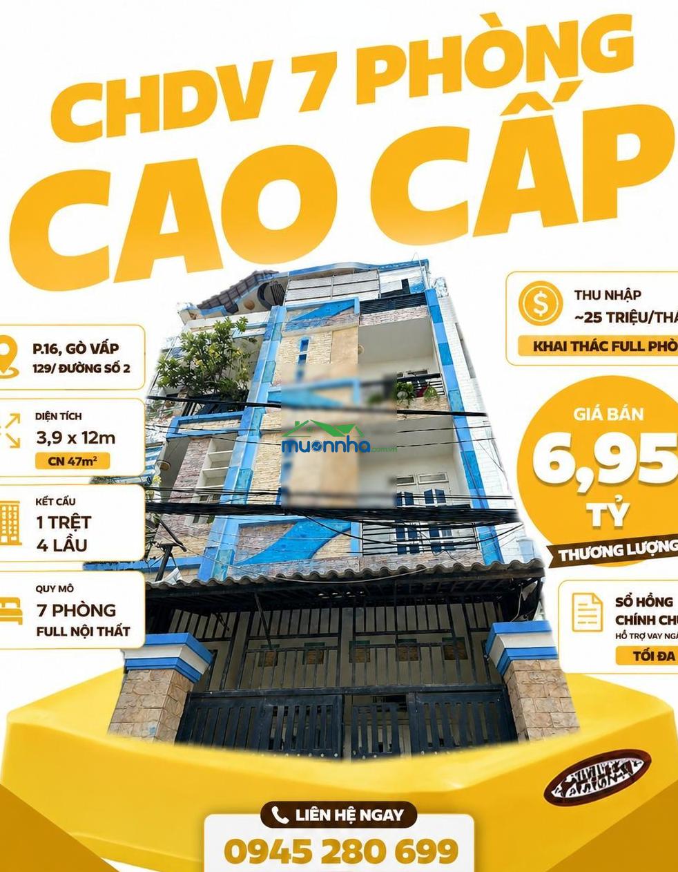 Bán chdv 7pn full nt lê đức thọ p16 4x12 cn47m² 5l tn 25tr/th kv dân cư ổn định giá chỉ 6.75t tl