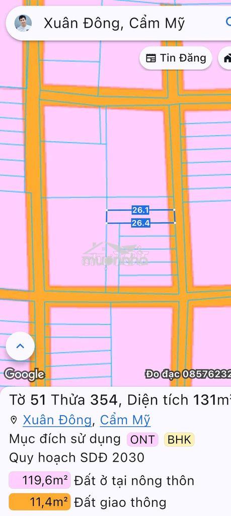 Bán đất nền 131m2 kdc xuân đông, cẩm mỹ - đường ô tô tận ranh, sổ sẵn