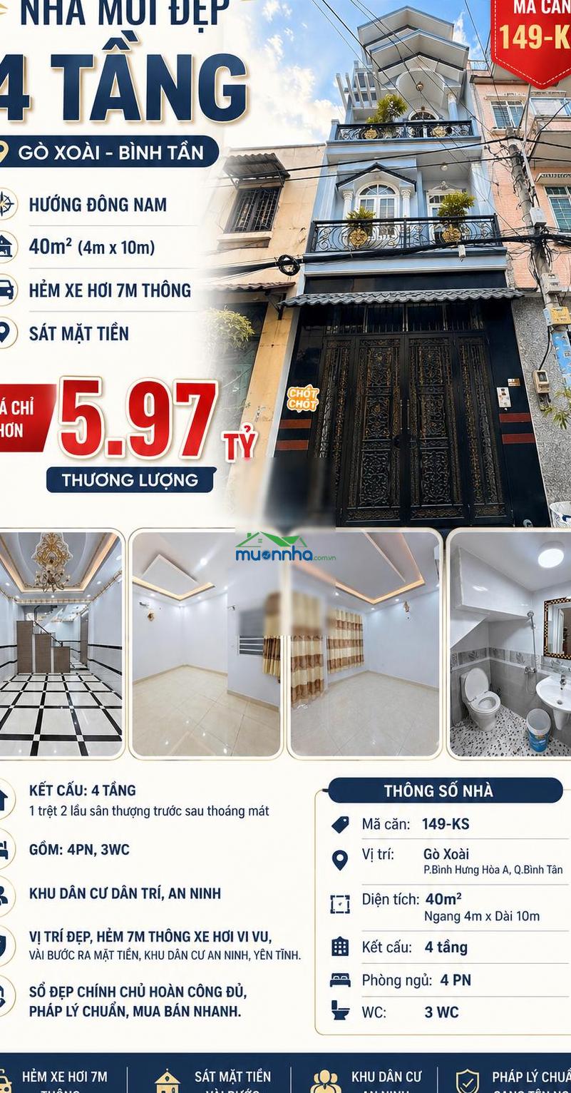 Nhà mới đẹp 4 tầng - gò xoài - hướng đông nam- 40m² - hẻm xe hơi 7m thông - mã 149-ks - 3