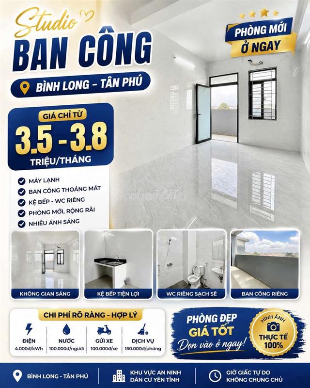 Studio ban công mới xây – bình long, tân phú