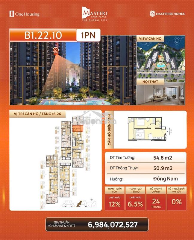 Chính chủ cần tiền bán gấp cắt lỗ 400tr căn 1pn+ masteri park place