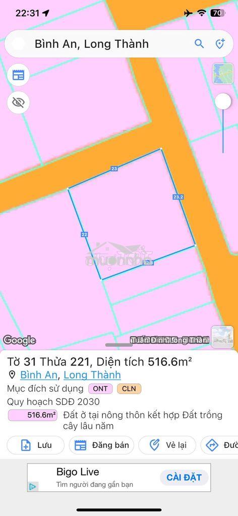CHÍNH CHỦ CẦN BÁN LO GÓC 2 MẶT TIỀN ĐƯỜNG BÊ TÔNG, BÌNH AN, LONG THÀNH