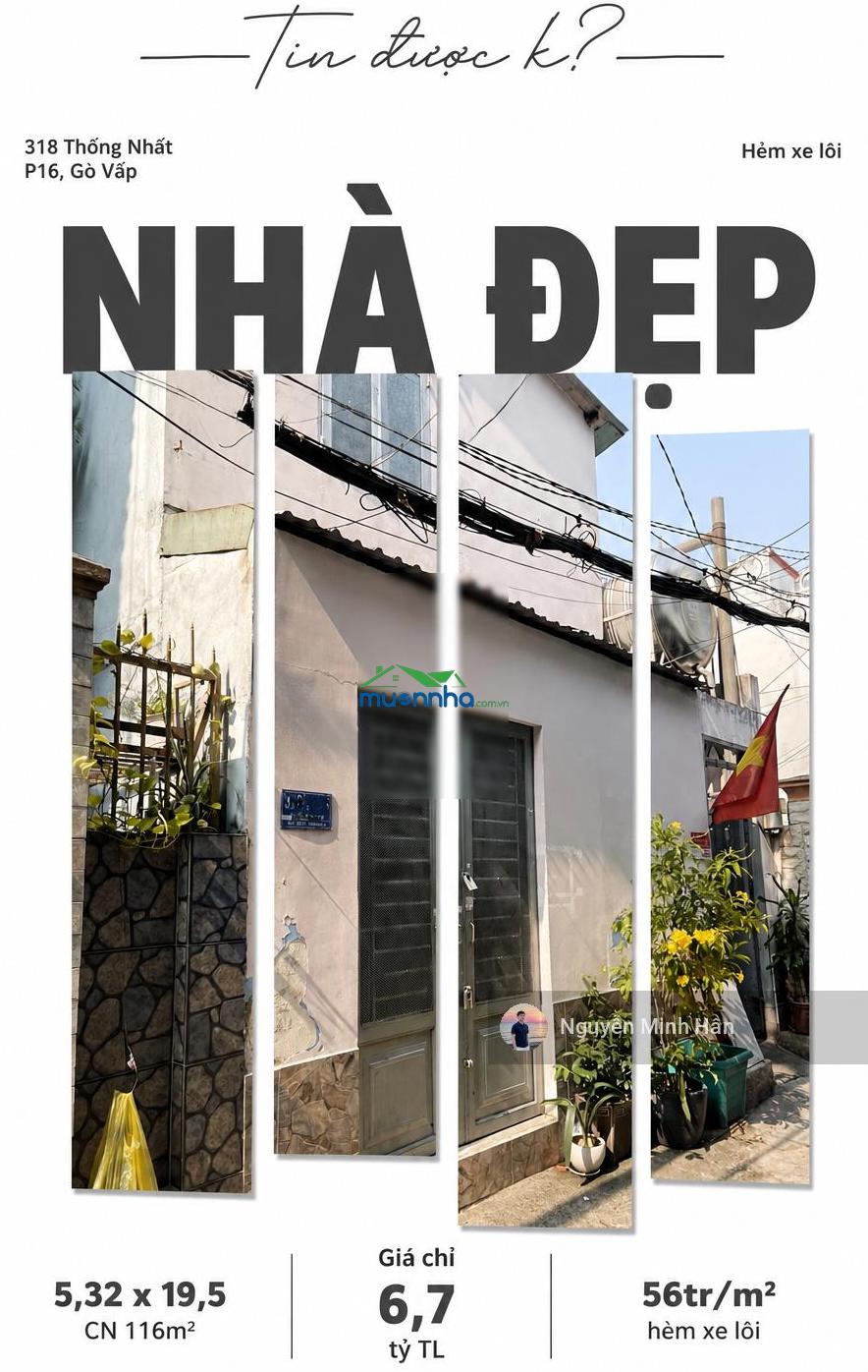 Tin được không chỉ 56tr/m2 hẻm xe lôi 318 thống nhất p16, 5,32x19,5m, cn 116m2 giá 6,7 tỷ tl - 4