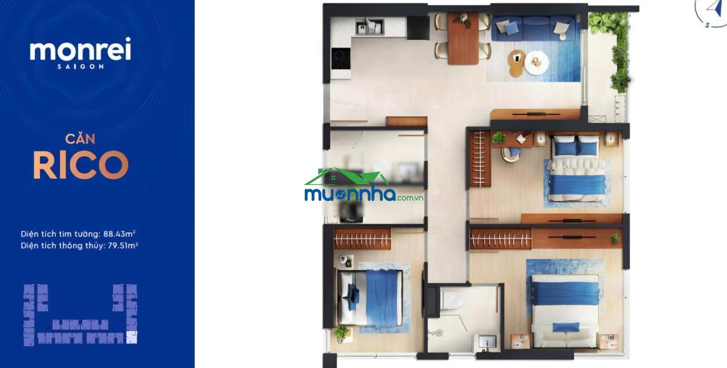 Bán căn 3pn 78m2 monrei saigon giá 4 tỷ. trả trước 600tr. htls 0% 18 tháng. giá đợt 1