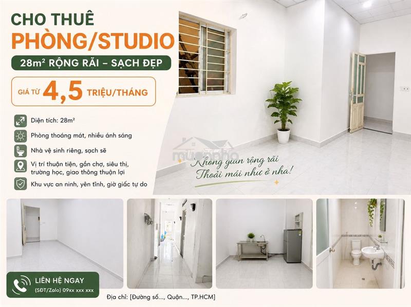 Cho thuê phòng/studio 28m² rộng rãi–sạch đẹp – giá từ 4,5 triệu/tháng