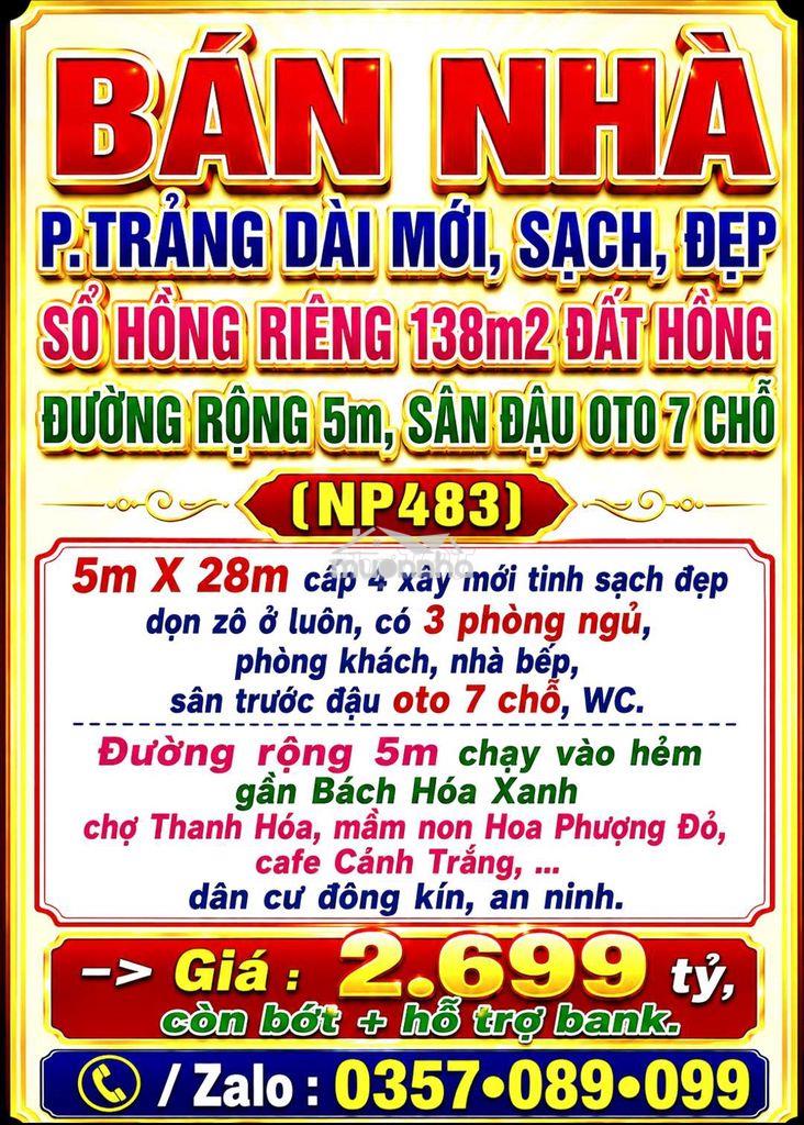 Bán nhà trảng dài mới đẹp, sổ hồng 138m2 đất hồng đường 5m sân đậu oto