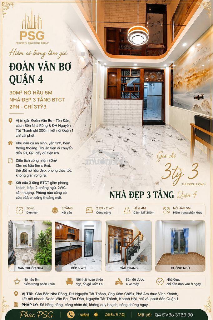 Đoàn văn bơ- q4- 30m² nở hậu 5m - nhà đẹp 3 tầng btct - 2pn - chỉ 3tỷ3