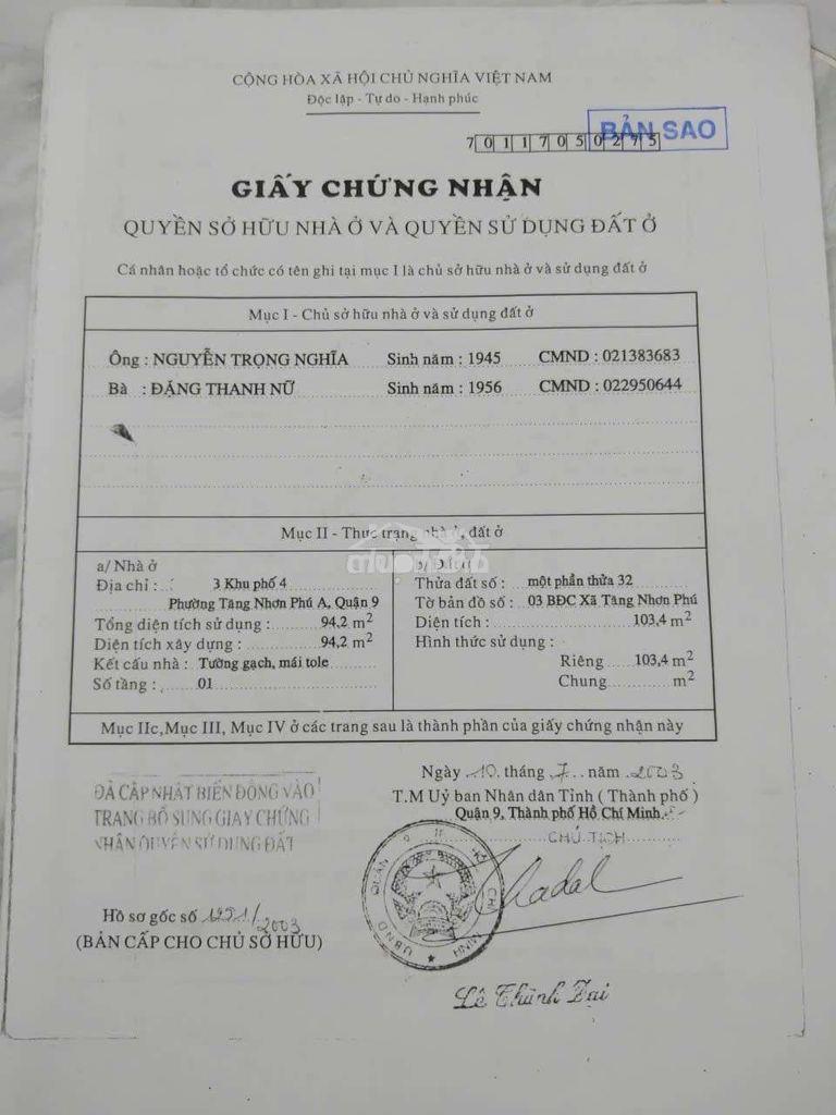 Chủ gửi bán nhà đường 494 tăng nhơn phú a
