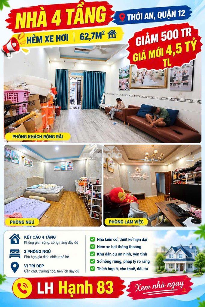 Quận 12 - chủ gấp bán giảm 500tr - 64m² - 4 lầu - hxh còn 4.5 tỷ tl