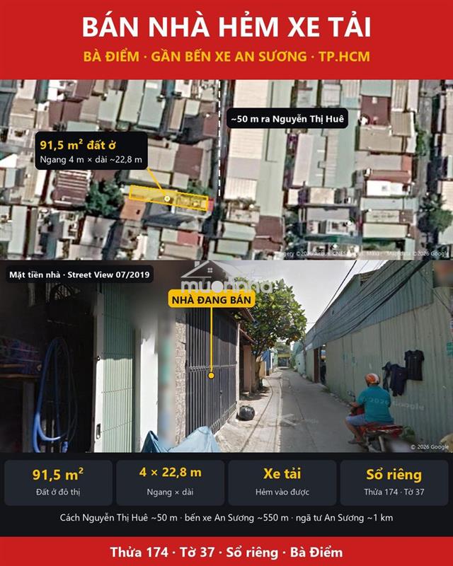 Bán nhà hẻm xe tải bà điểm 91,5m² đất ở, sổ riêng, gần bến xe an sương